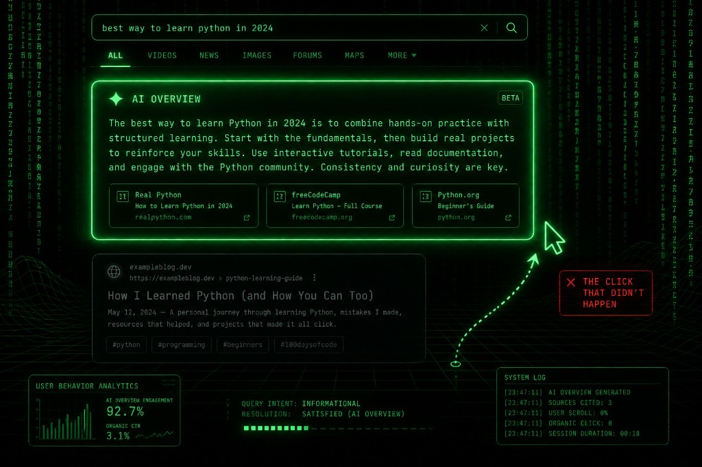 Stylized search result showing an AI Overview answer block intercepting an organic click