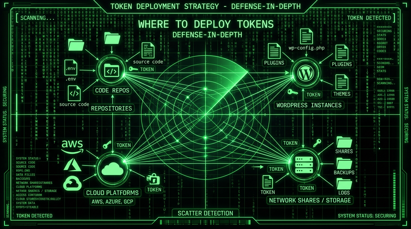 Deploy Canary tokens in WordPress configs, repos, cloud storage, and network shares—scatter detection across your environment