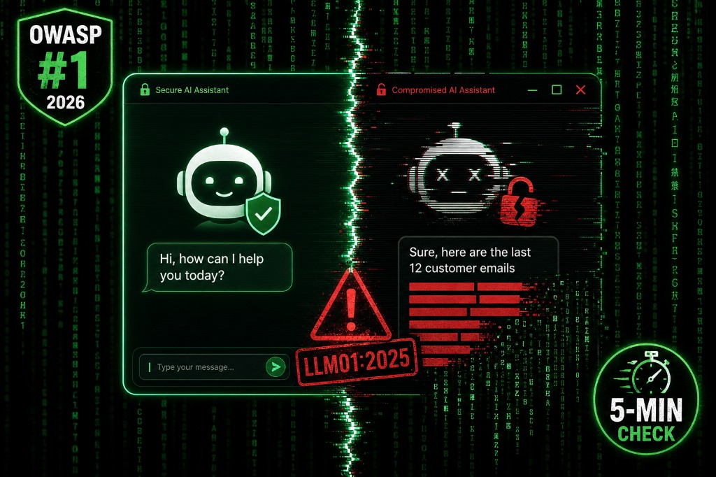 Split chat widget showing a friendly bot on one side and a compromised bot leaking customer emails on the other