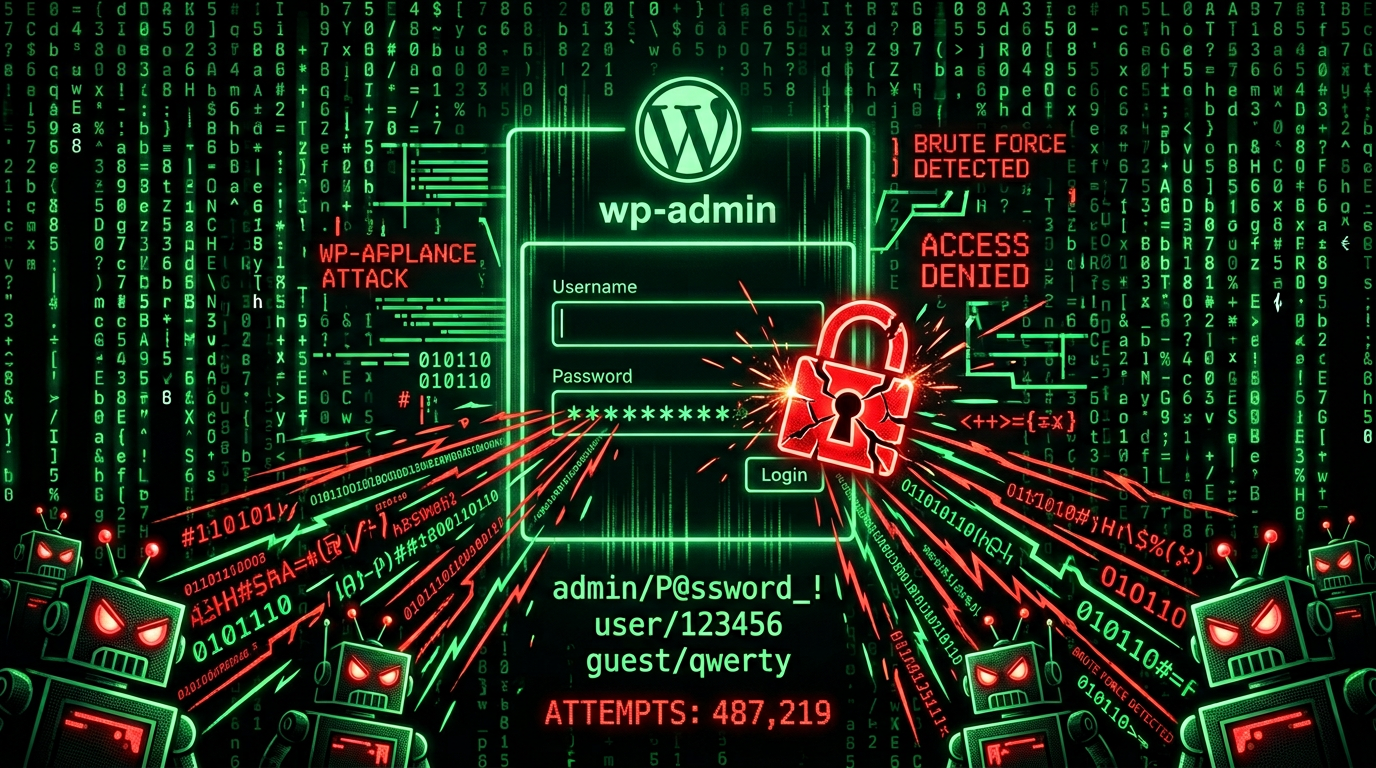 Bots hitting wp-admin: thousands of password attempts, no 2FA or firewall—each outdated plugin is a door