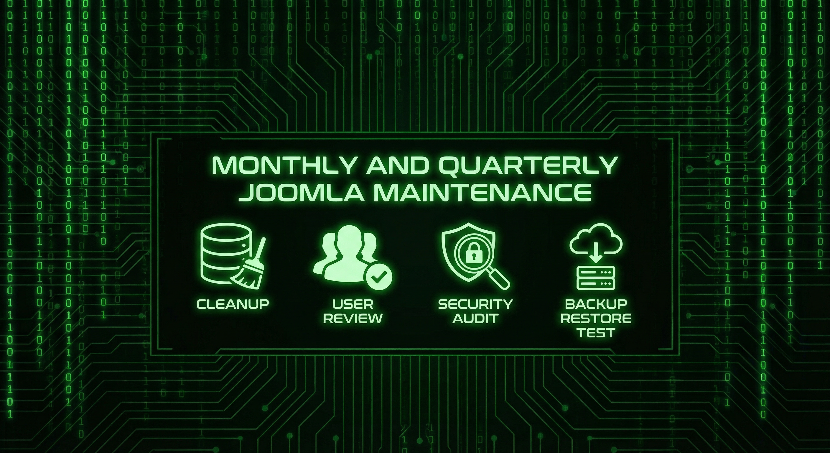 Monthly and quarterly Joomla maintenance: database cleanup, user review, logs, then full security audit and backup restore test