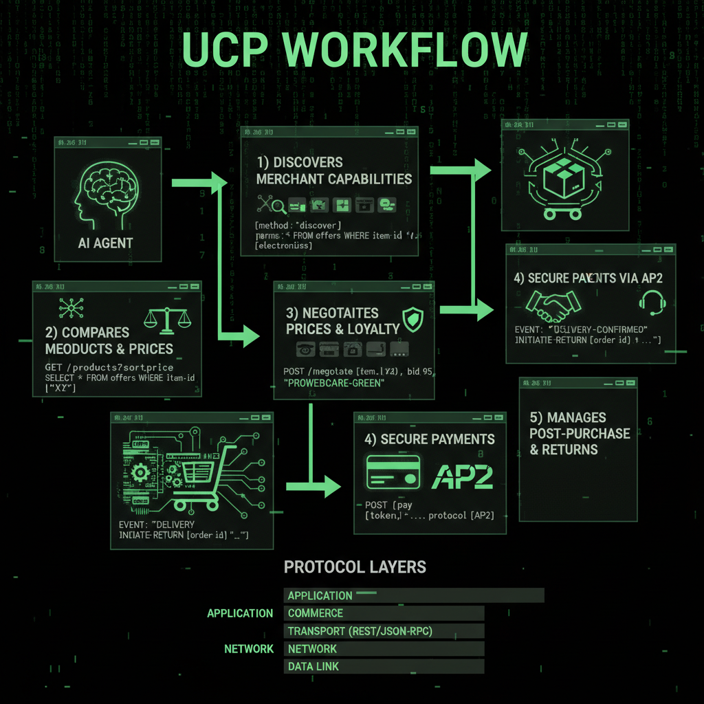 How Universal Commerce Protocol works - AI agents autonomously handle discovery, comparison, negotiation, checkout, and post-purchase support