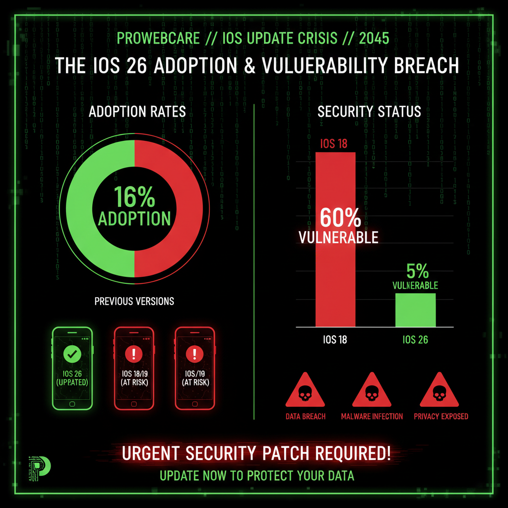 iOS 26 adoption crisis showing only 16% of users have updated while 60% remain vulnerable on iOS 18