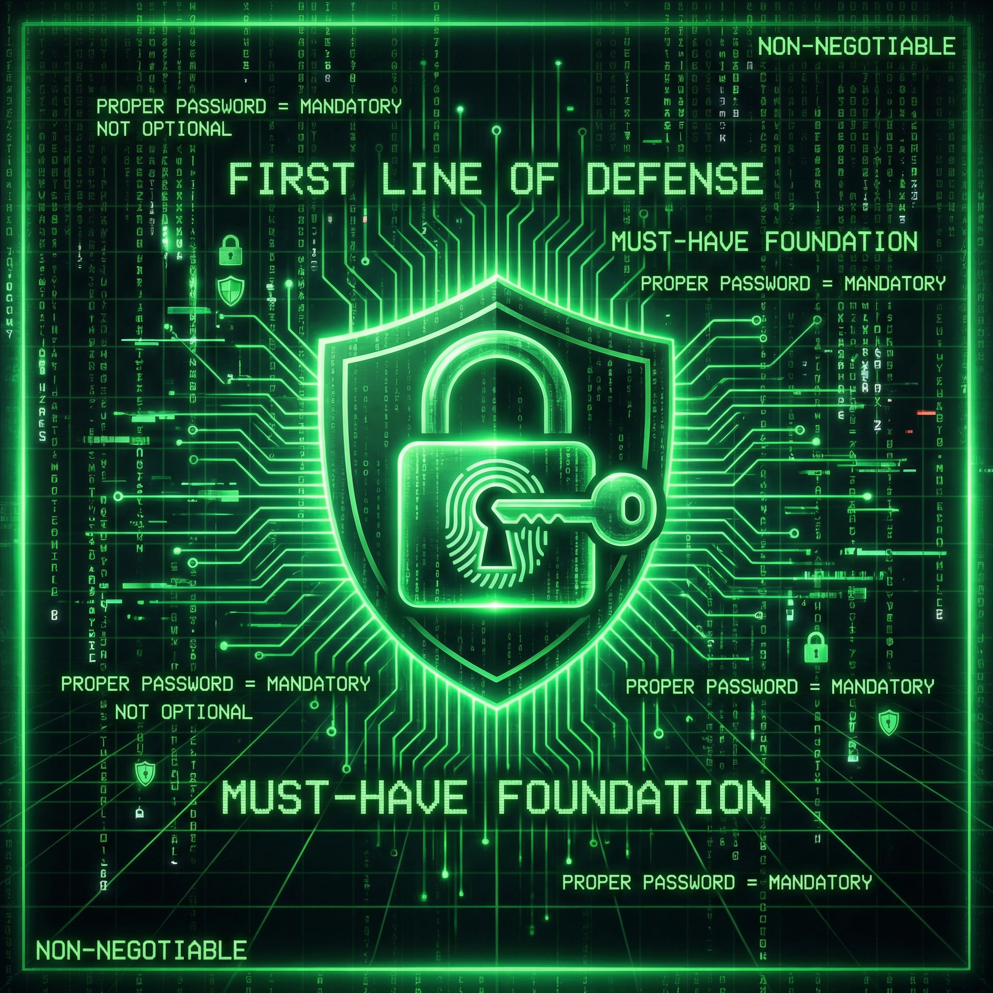 Proper password is the first security factor—must-have, not optional; weak passwords enable takeover