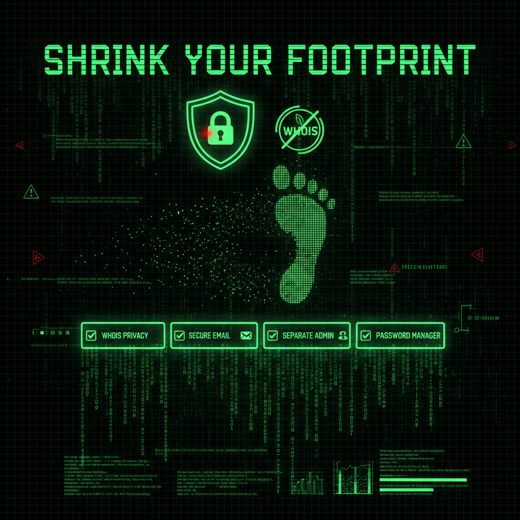 Defensive steps to shrink your digital footprint: WHOIS privacy, separate admin emails, updates, 2FA