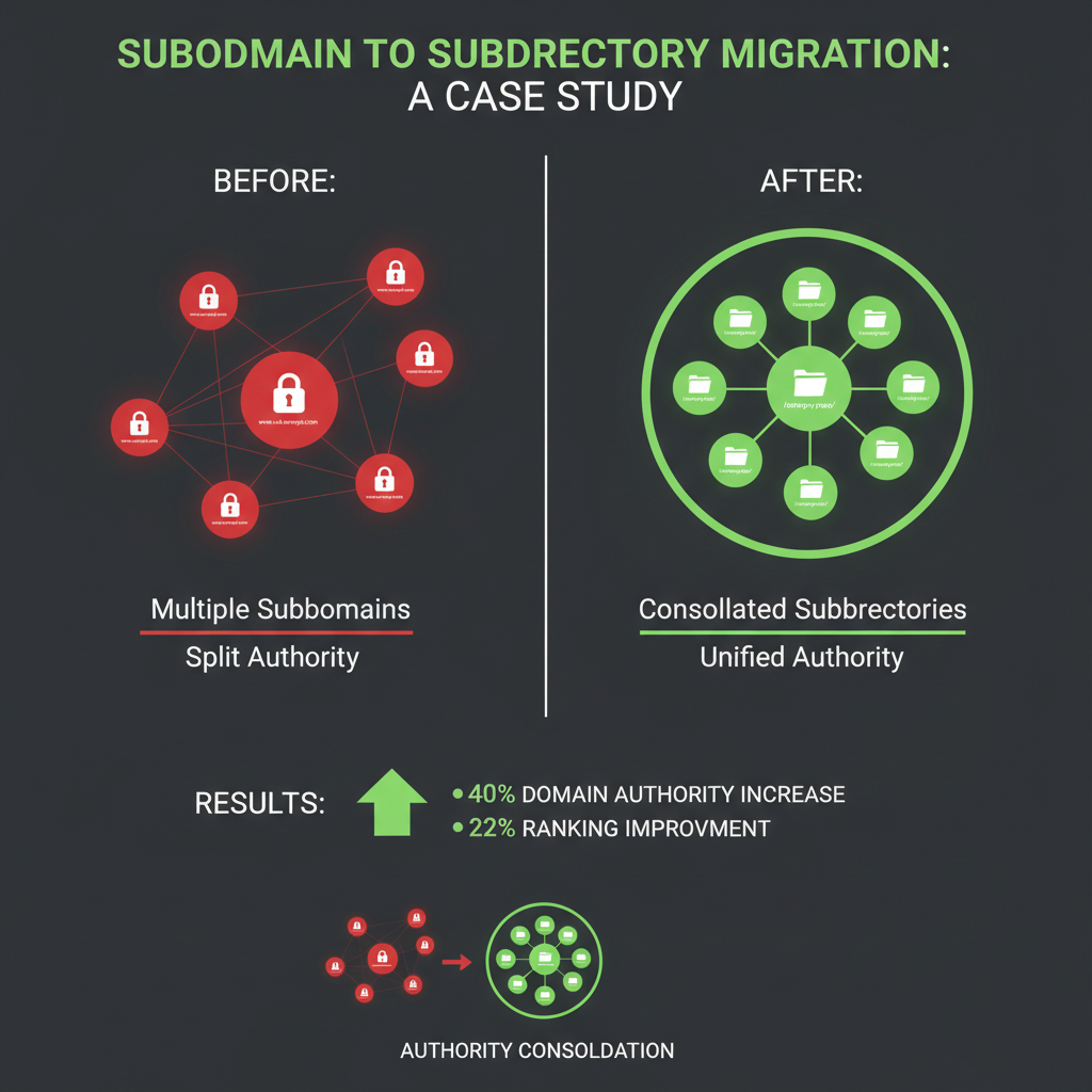 Case study showing subdomain migration to subdirectories: before (split subdomains) vs after (consolidated subdirectories) with 40% domain authority increase, 22% ranking improvement