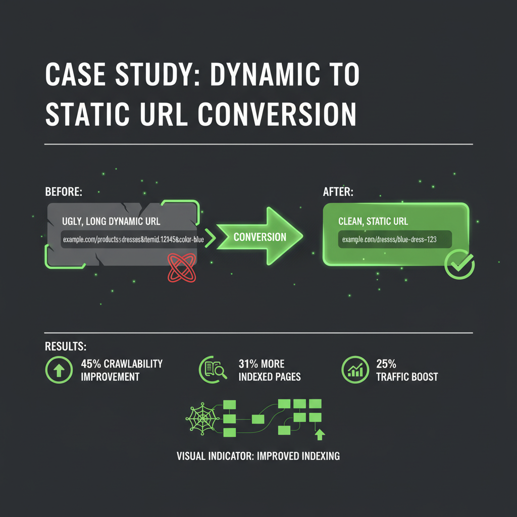 Case study showing dynamic to static URL conversion: before (parameter-heavy dynamic URLs) vs after (clean static URLs) with 45% crawlability improvement, 31% more indexed pages, 25% traffic boost