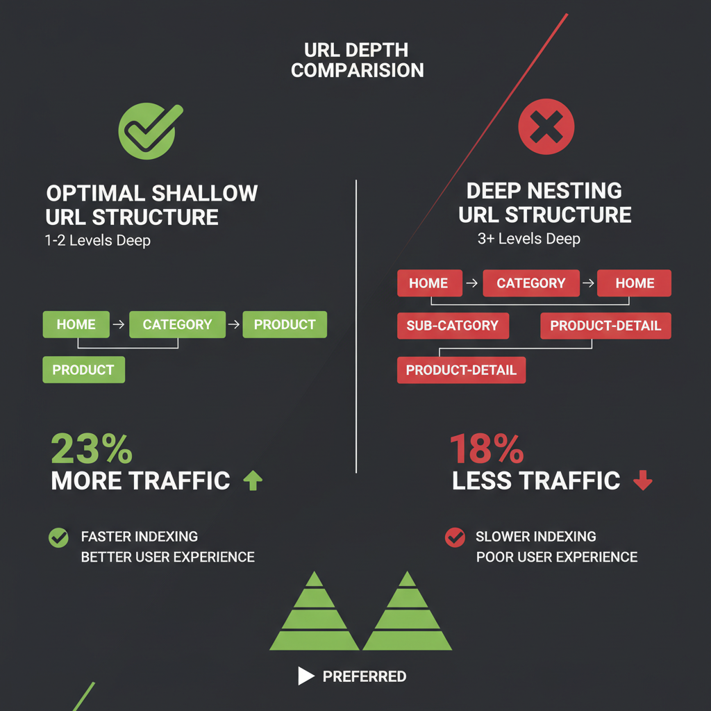URL depth visualization showing optimal 1-2 level depth vs deep nesting. Shows that shallow URLs perform 23% better and receive more organic traffic