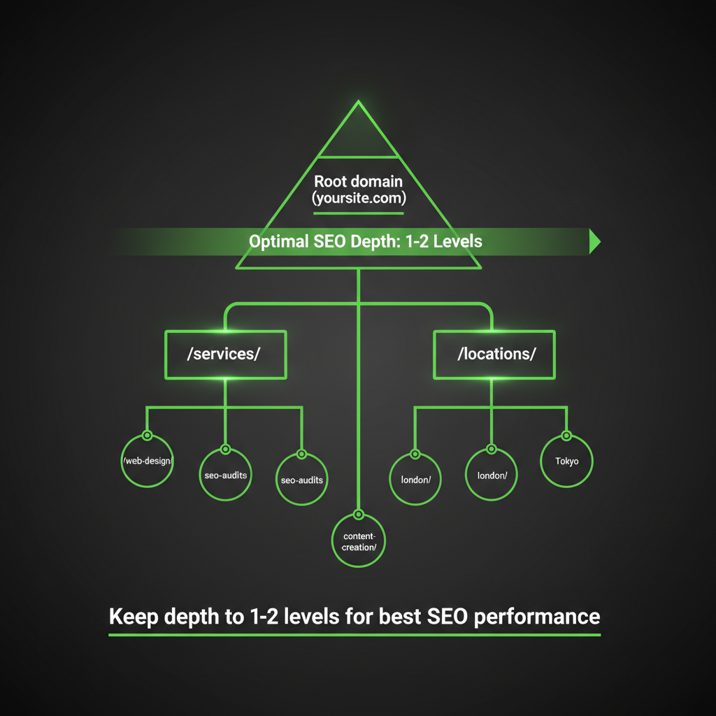 URL structure hierarchy diagram showing the pyramid structure: Root domain at top, /services/ and /locations/ as second level, individual service and location pages as third level, and booking forms as fourth level