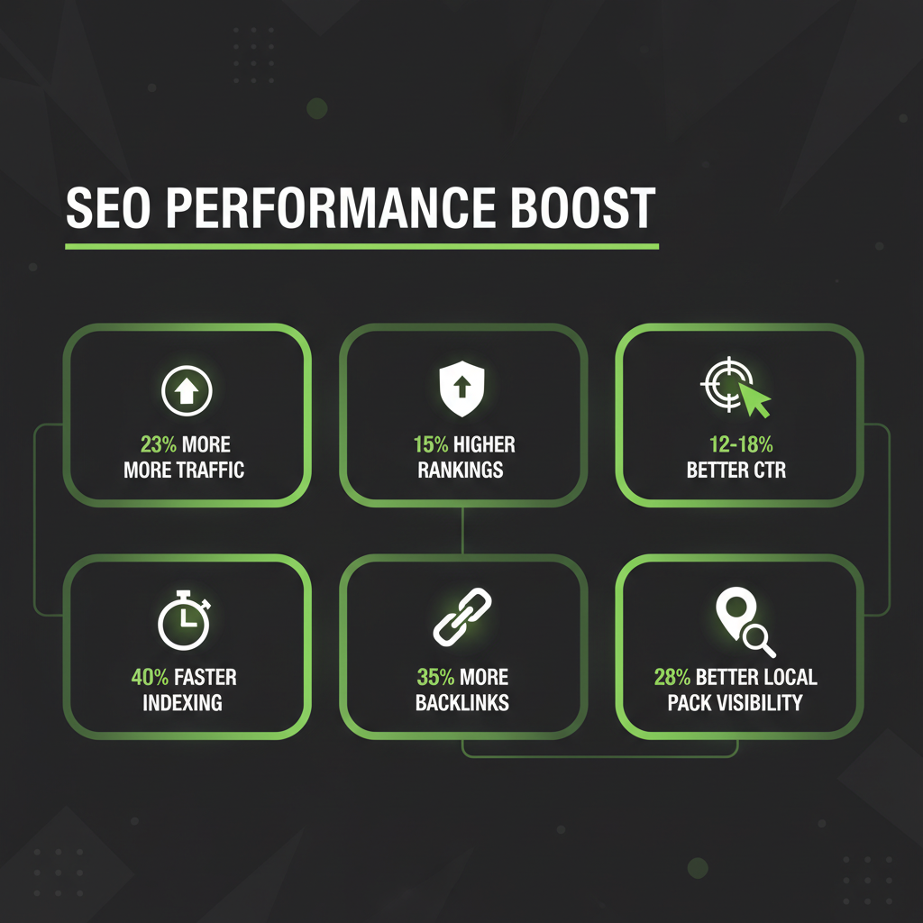 Infographic showing URL structure impact metrics: 23% more traffic for shallow URLs, 15% higher rankings for aligned URLs, 12-18% better CTR, 40% faster indexing, 35% more backlinks, 28% better local pack visibility
