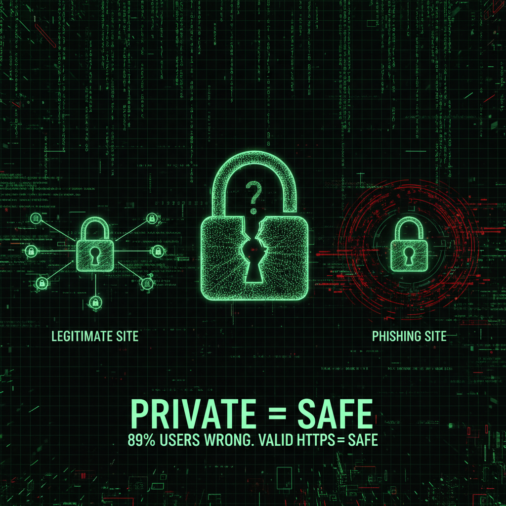 The padlock means private connection, not that the site is safe—phishing sites can have valid HTTPS