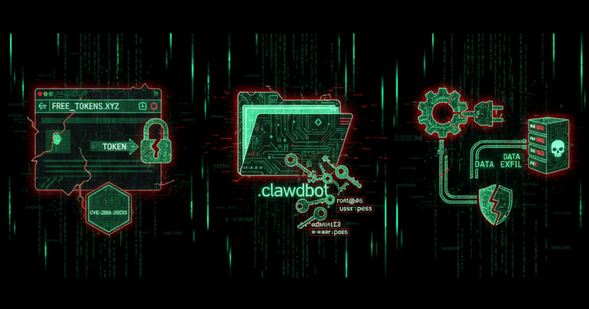 CVE-2026-25253 token exfiltration, plaintext credentials in ~/.clawdbot, and malicious skills like What Would Elon Do?