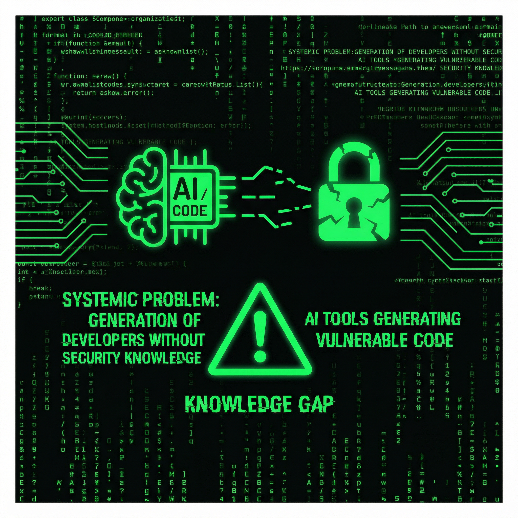 Systemic problem: vibe coding without security knowledge—AI generates functional code, not secure code