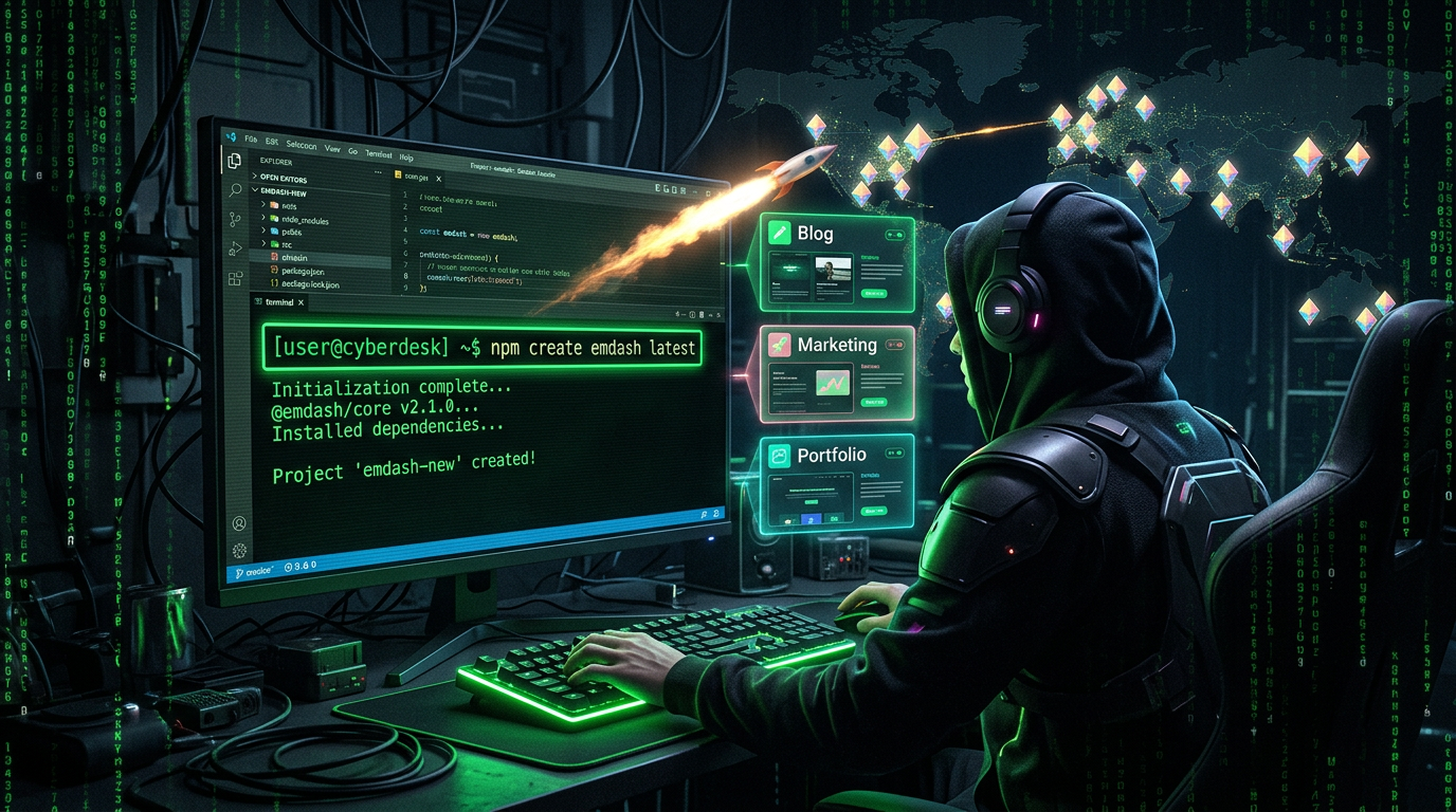 Developer path to EmDash: terminal, npm create emdash, templates, and Cloudflare deploy—cyberpunk setup visual