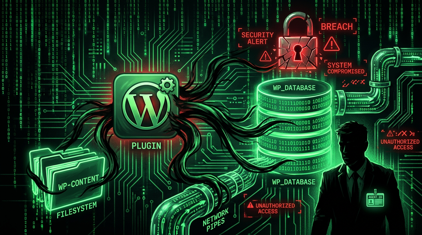 Matrix-style visualization: WordPress plugin with unrestricted access to database, filesystem, and network—why hacks start in plugins