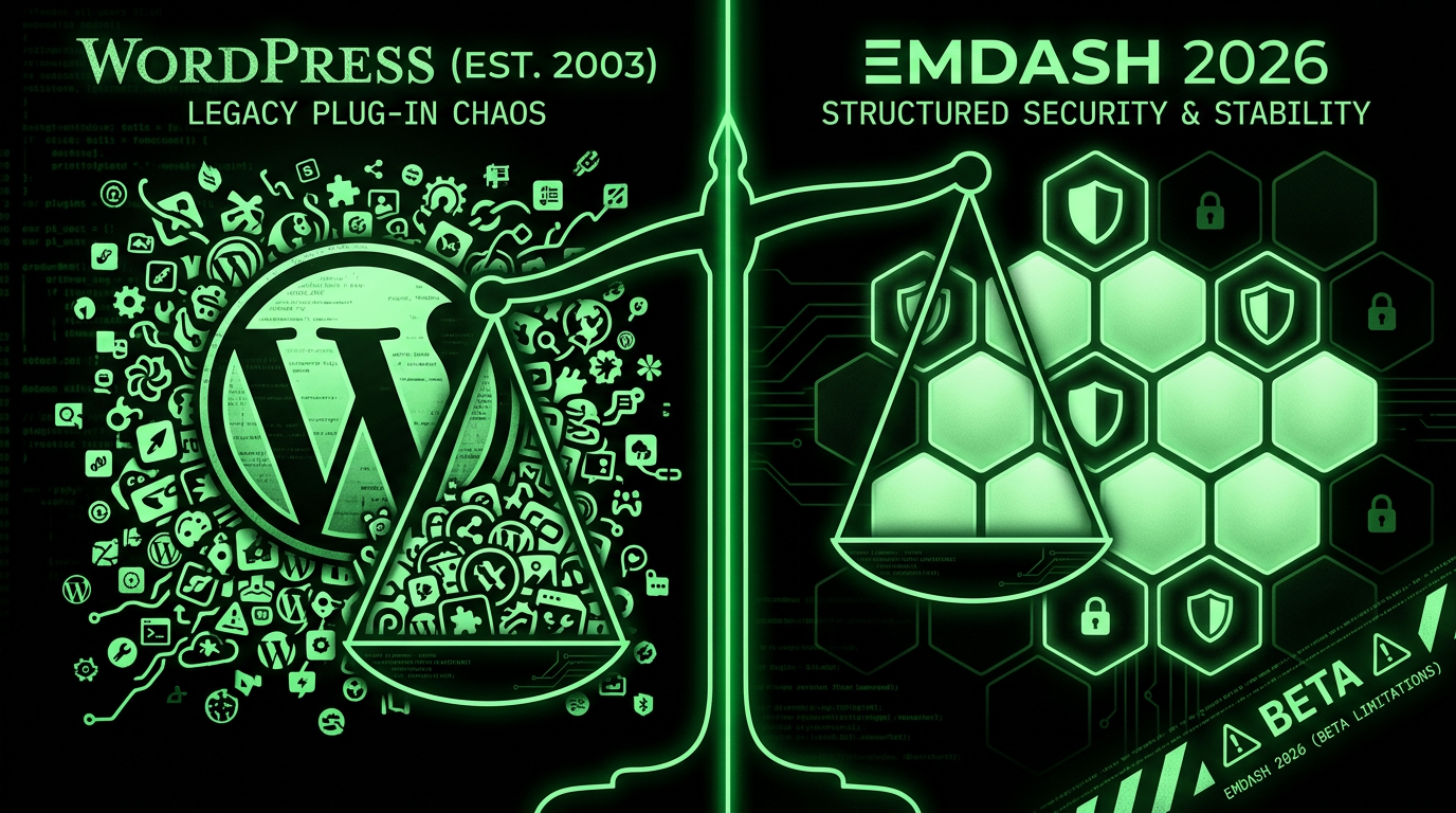 WordPress vs EmDash in 2026: mature plugin ecosystem versus sandboxed beta—honest decision visual