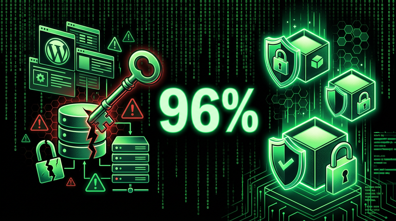 Why 96% of WordPress hacks start in plugins — plugin threat vs sandboxed CMS, Matrix-style security visual