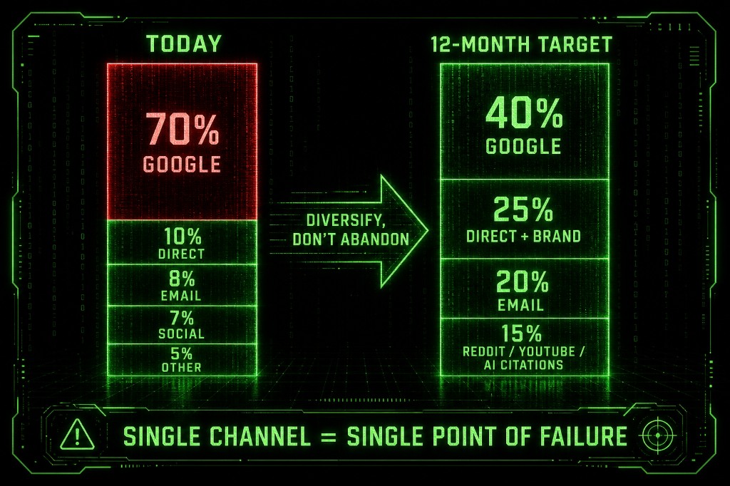 Side-by-side channel mix chart shifting from 70 percent Google traffic to a diversified 12-month target
