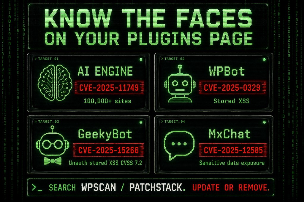 Four-tile rogues gallery of WordPress chatbot plugins with 2025 CVEs: AI Engine, WPBot, GeekyBot, and MxChat