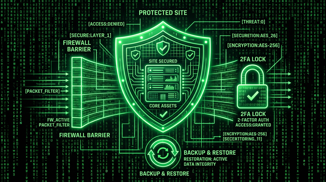 Protected site: firewall, 2FA, rate limiting, file monitoring, and backups—layered defense