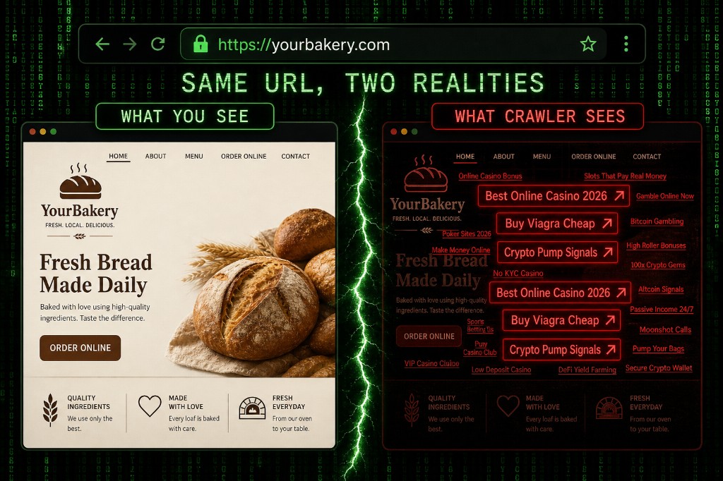 Split browser showing clean homepage to owner and casino spam to crawler