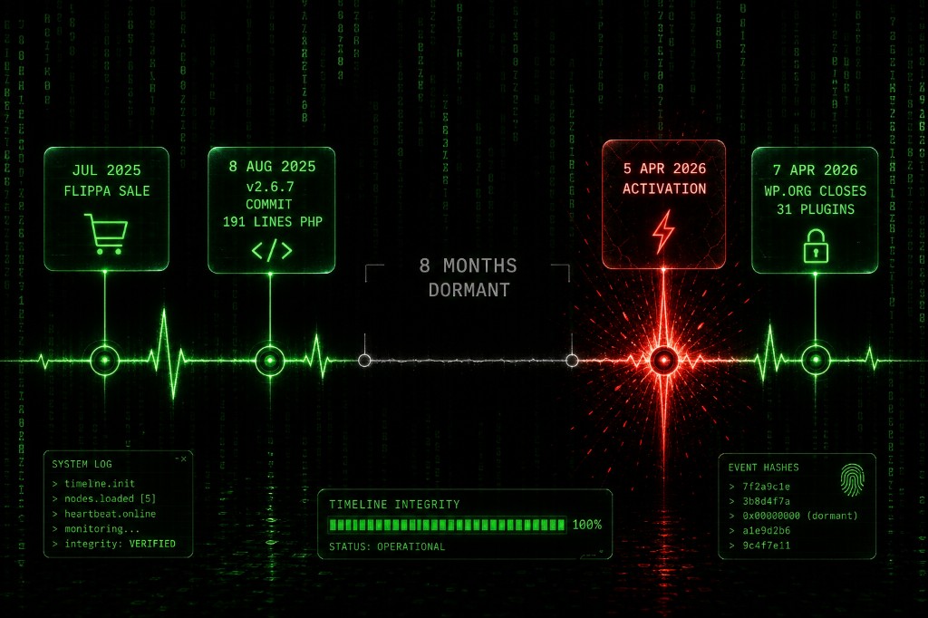 Timeline showing eight dormant months between plugin sale and April 2026 backdoor activation