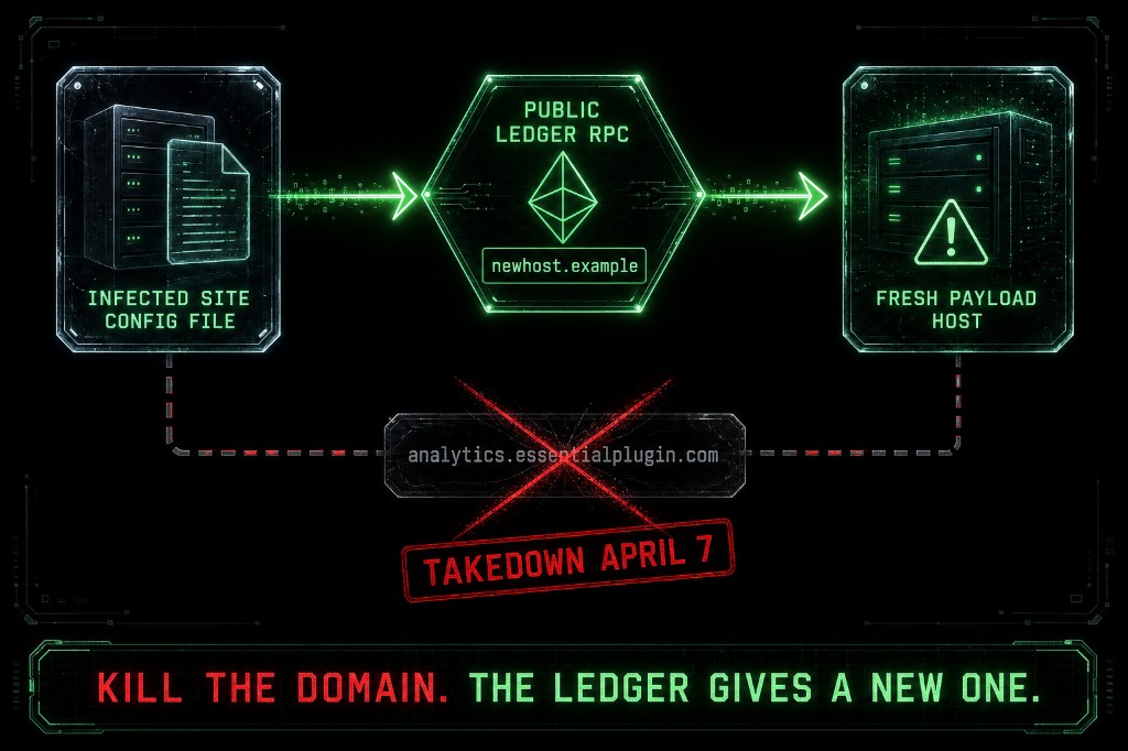Diagram of malware querying a public ledger to bypass domain takedown