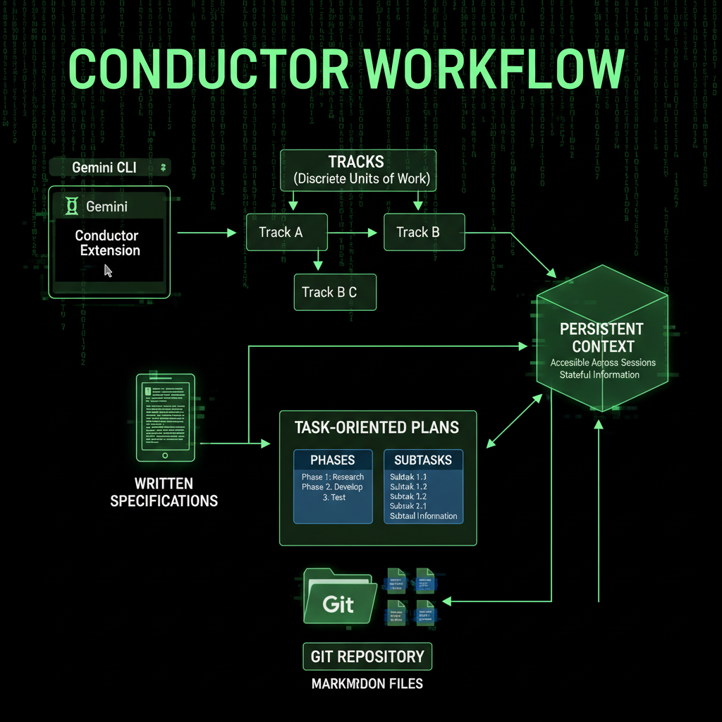 How Google Conductor works showing tracks, plans, and persistent context stored in Markdown files