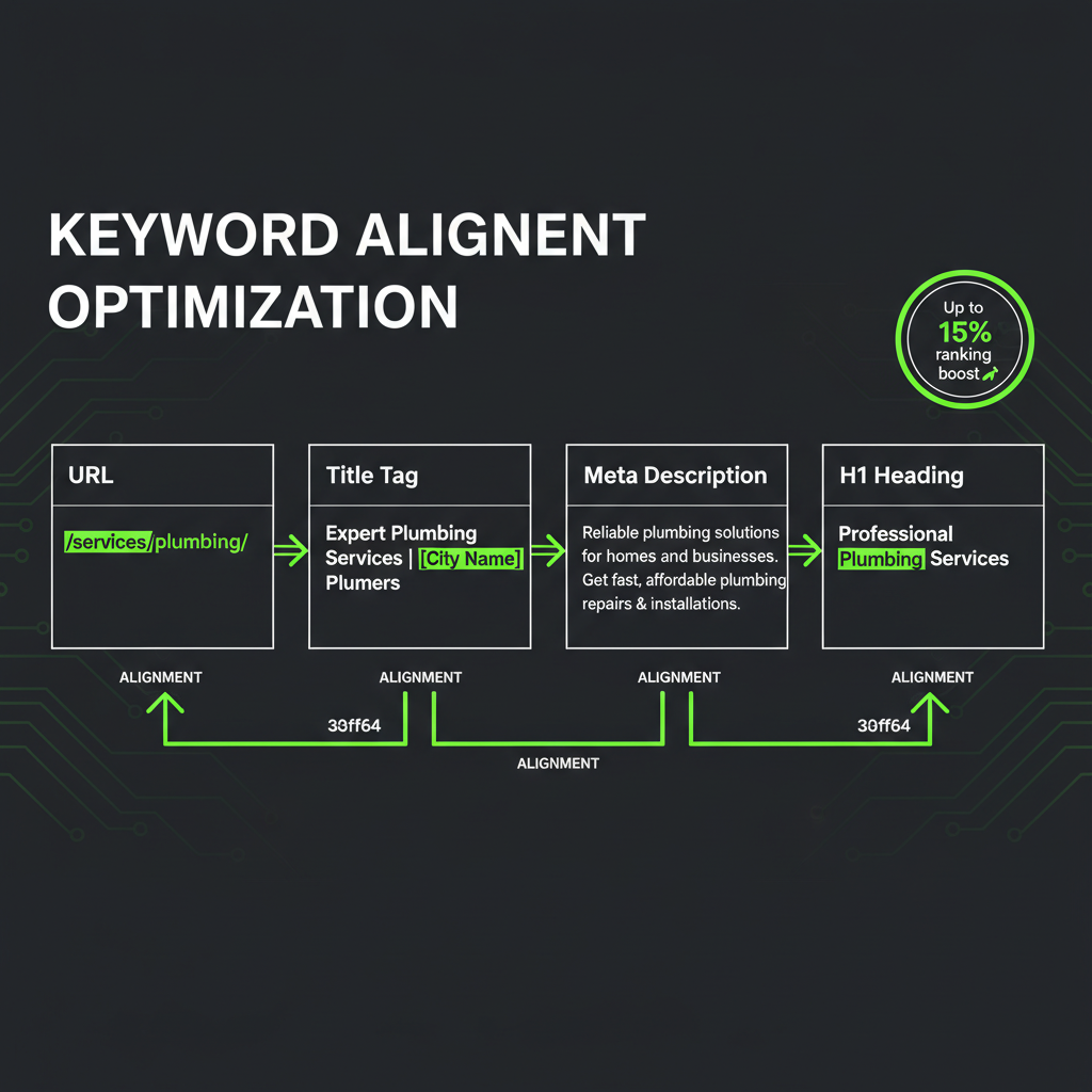 SEO alignment diagram showing how URL, title tag, meta description, and H1 heading all align with the same keyword 'plumbing' for maximum SEO impact