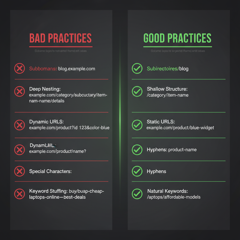Before and after URL structure comparison showing bad practices (subdomains, deep nesting, dynamic parameters) vs good practices (subdirectories, shallow structure, clean static URLs)