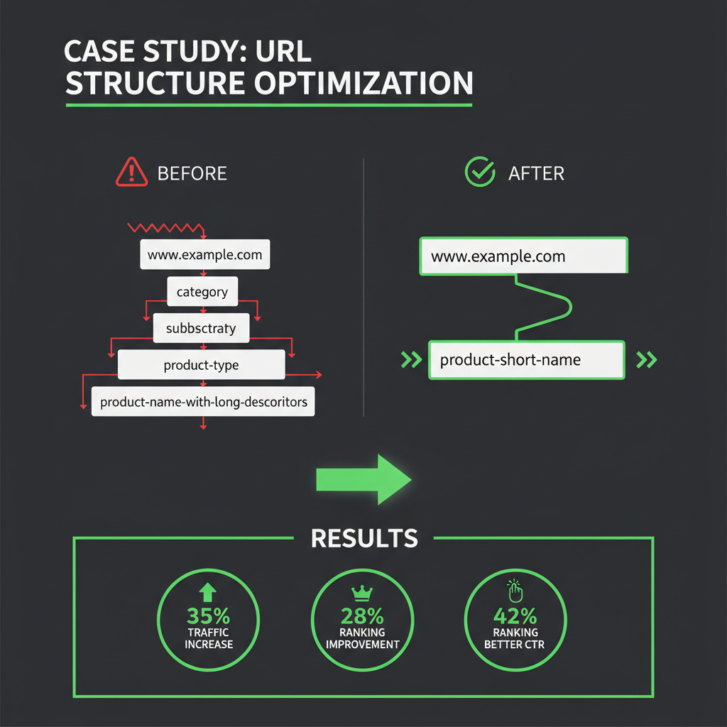 Case study visualization showing before (5-level deep URL) vs after (2-level clean URL) with results: 35% traffic increase, 28% ranking improvement, 42% better CTR