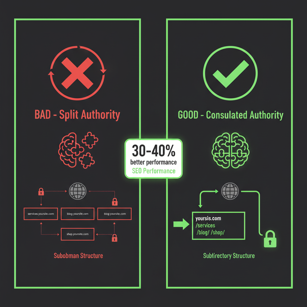 Comparison diagram showing subdirectories vs subdomains: subdirectories consolidate link equity under one domain (better) while subdomains split authority across separate entities (worse for SEO)