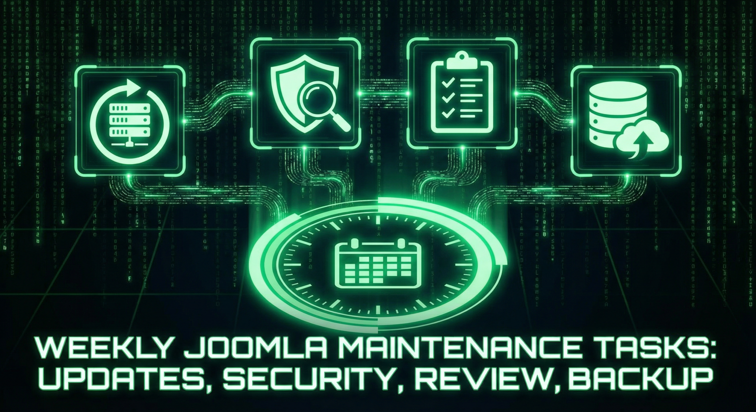 Weekly Joomla maintenance: core and extension updates, security scans, activity review, and backup verification