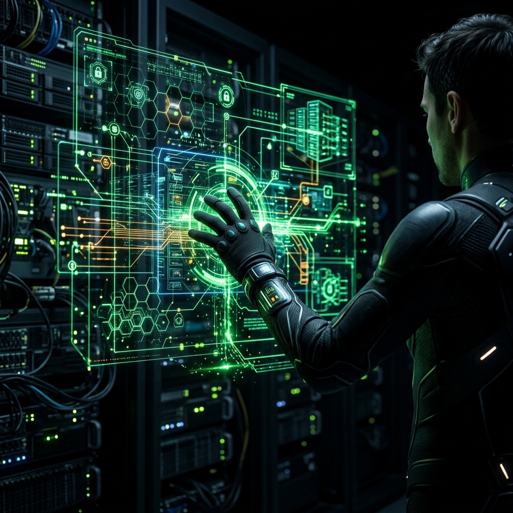 A ProWebCare human Operator verifying secure code patches on a holographic server grid