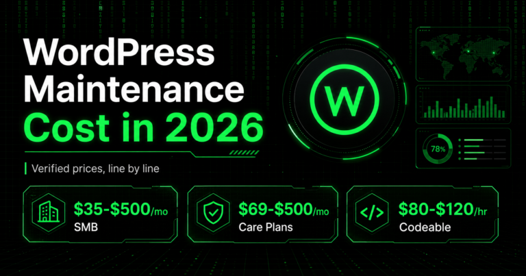 Digital matrix-style illustration of WordPress maintenance costs in 2026 with a ledger of verified prices