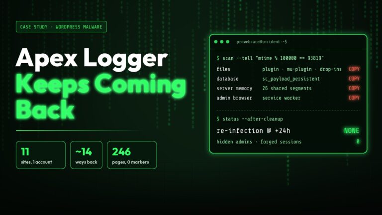 Apex Logger WordPress malware case study: copies found in files, database, server memory and admin browser, no re-infection after cleanup